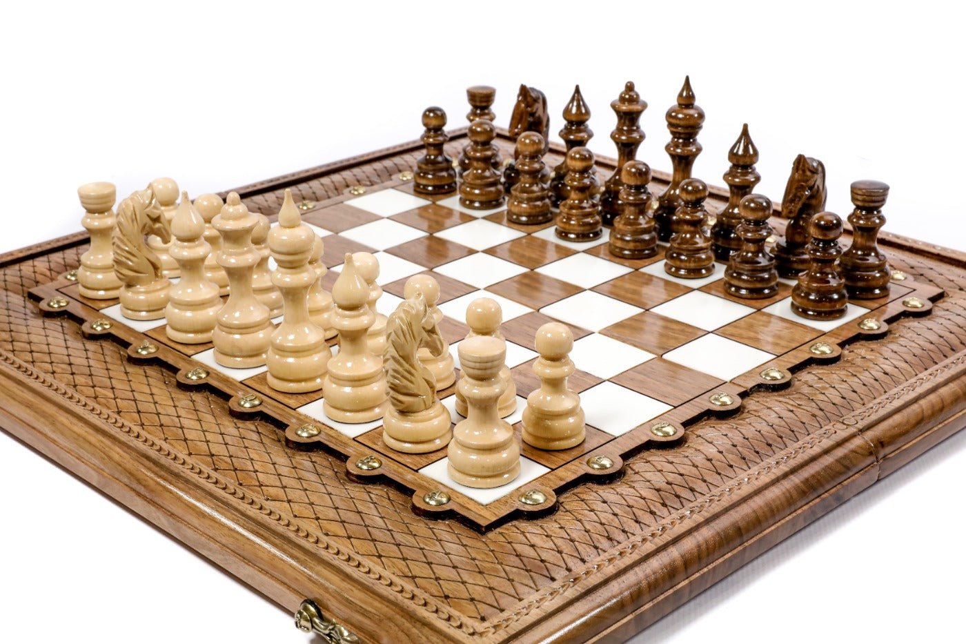 Handcrafted luxury walnut chess board and backgammon set with brass studs and diamond pattern border