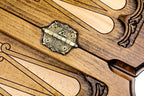 Classic Design Contour Outline backgammon board - playing pieces and dice arranged on the board