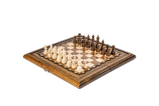 classic carved wooden chess set with bronze details