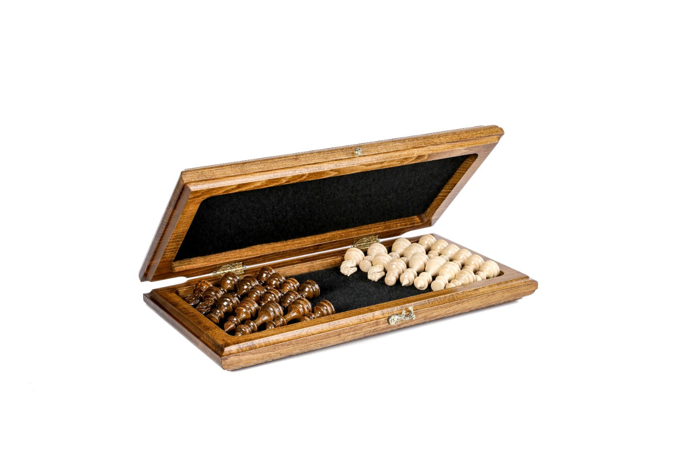 traditional chess board with bronze accents and carving