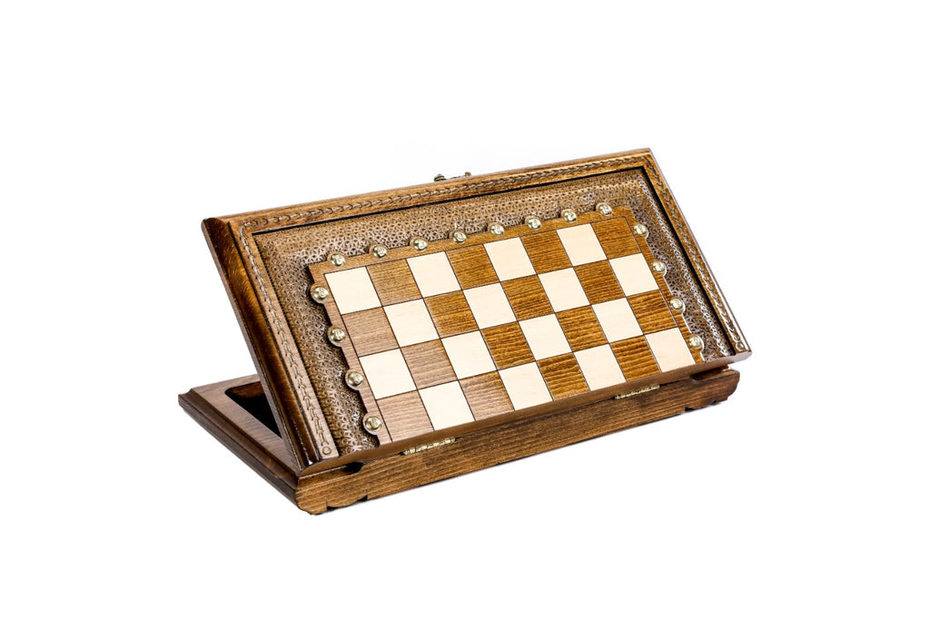 luxury wooden chess set carved with metal details