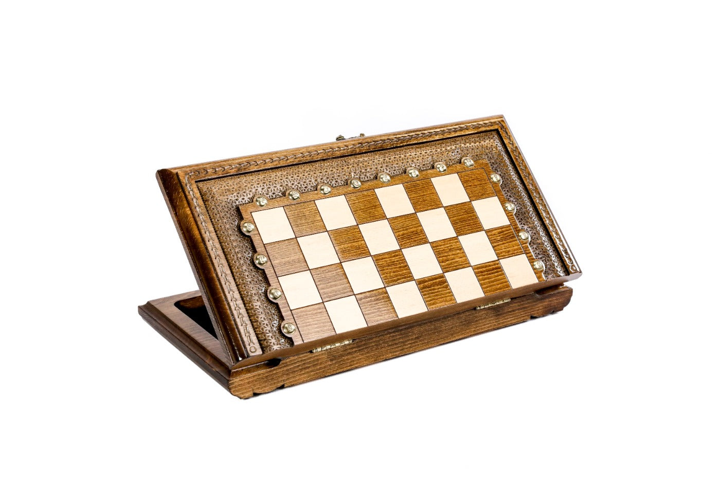 luxury wooden chess set carved with metal details