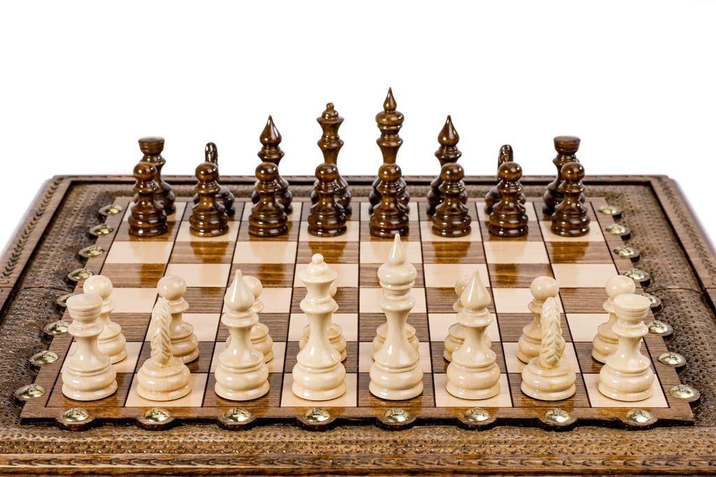 Classic Carved Chess Set with Bronze Details – Wooden Chess Set - Unumperfectus
