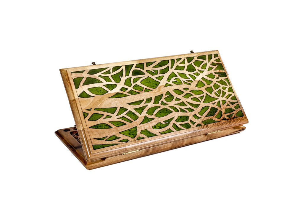 Exterior view of the two-sided wooden backgammon board featuring the green epoxy trees design.