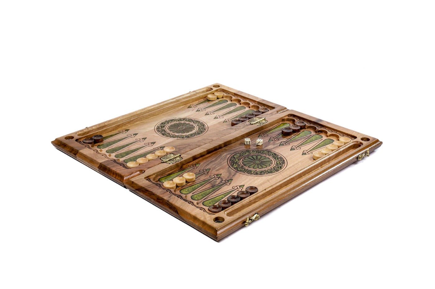 Close-up of the vibrant green epoxy resin details and tree motifs on this classic backgammon set.