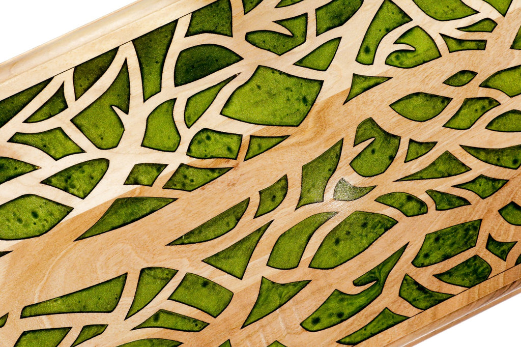 Open Armenian backgammon set showing the smooth green epoxy and wood interior playing surface.