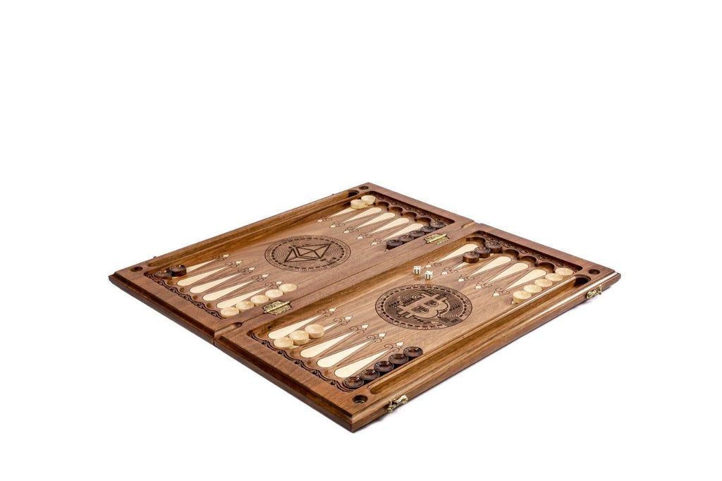 Premium handcrafted wooden backgammon board luxury hotel and crypto concept design