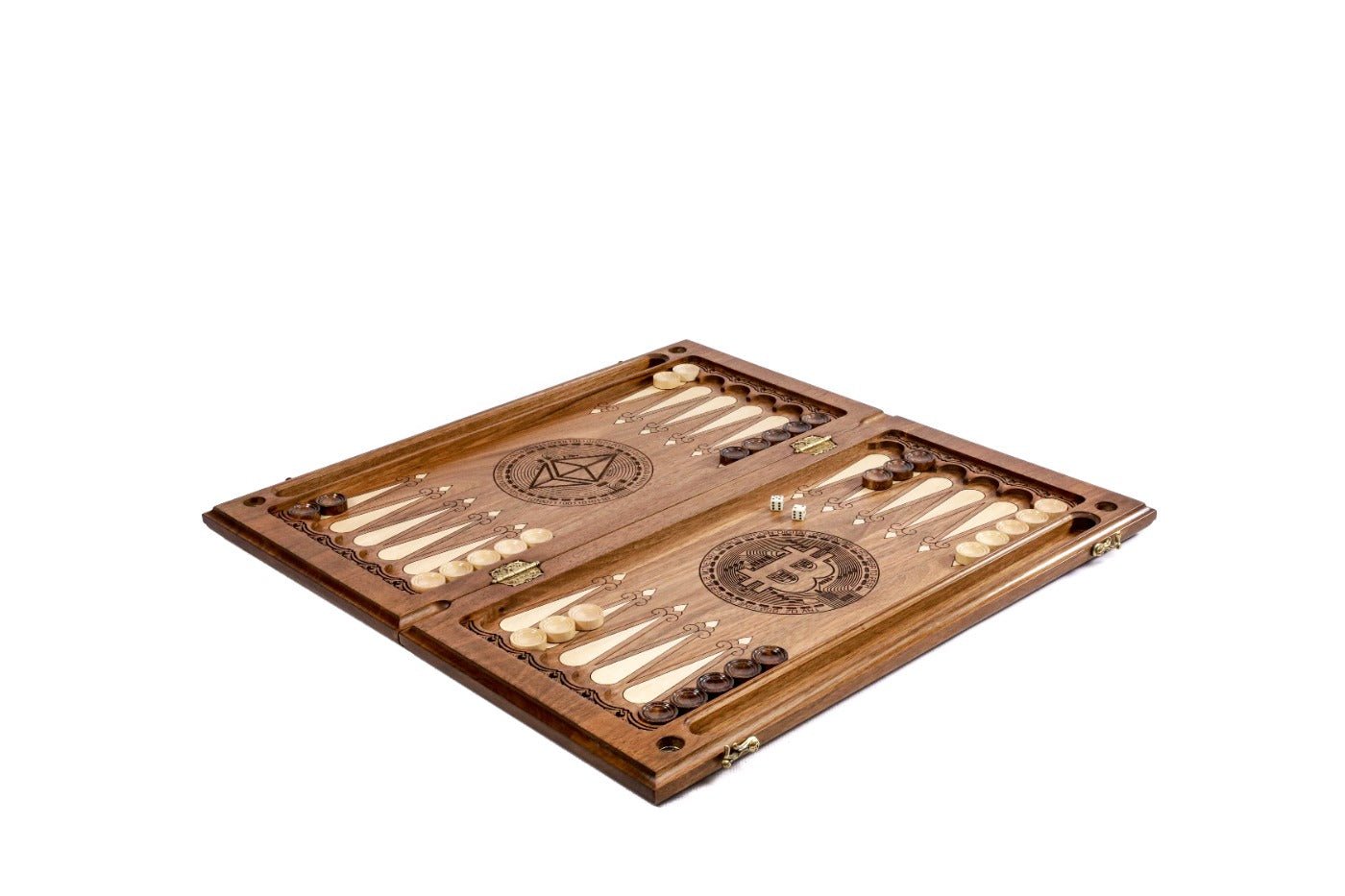 Premium handcrafted wooden backgammon board luxury hotel and crypto concept design