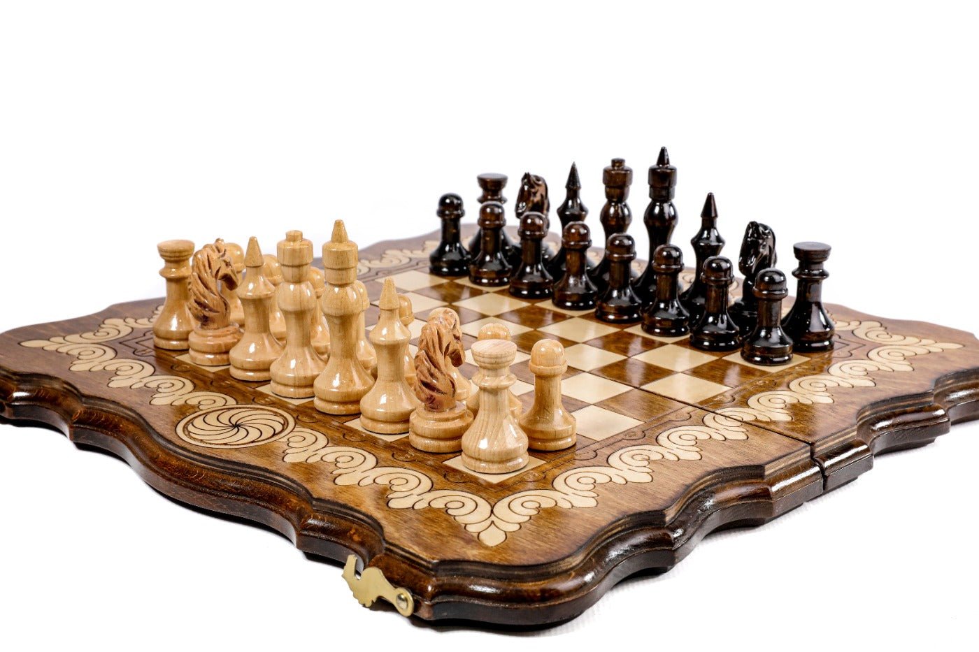 Wooden chess board featuring decorative contour design and fine craftsmanship