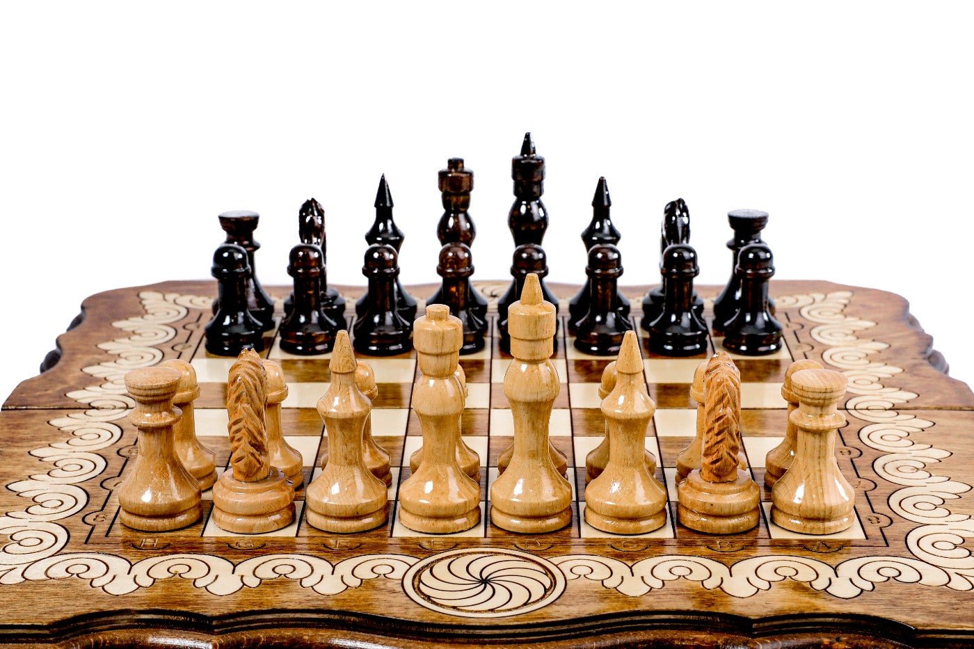 Handmade chess set with ornamental pattern and refined outline detailing