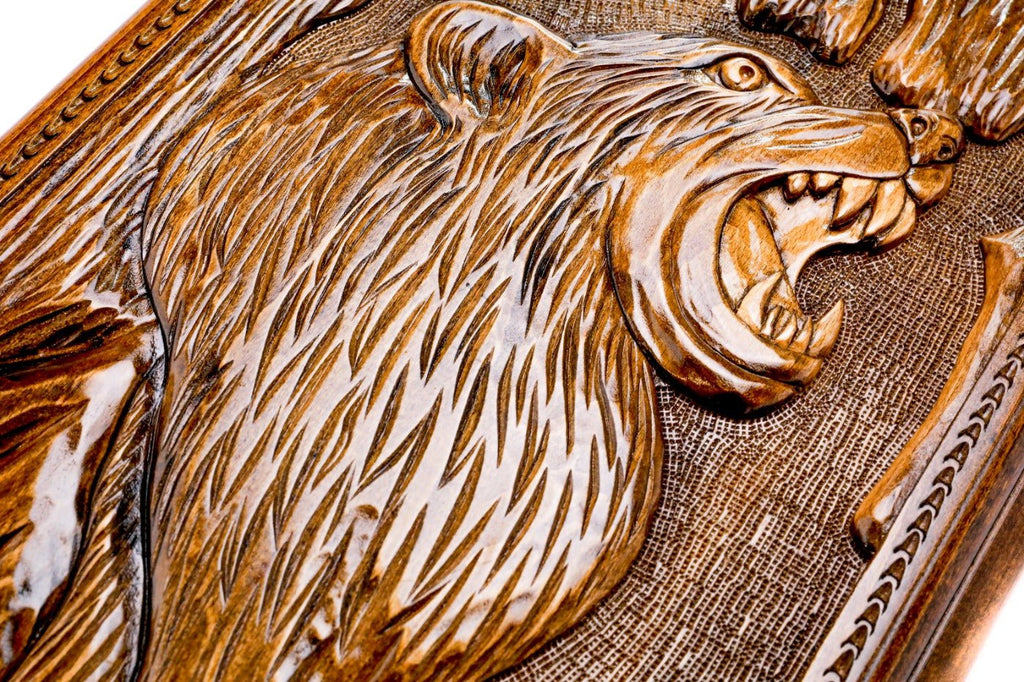 Luxury backgammon board with wolf and eagle artistic wooden detail