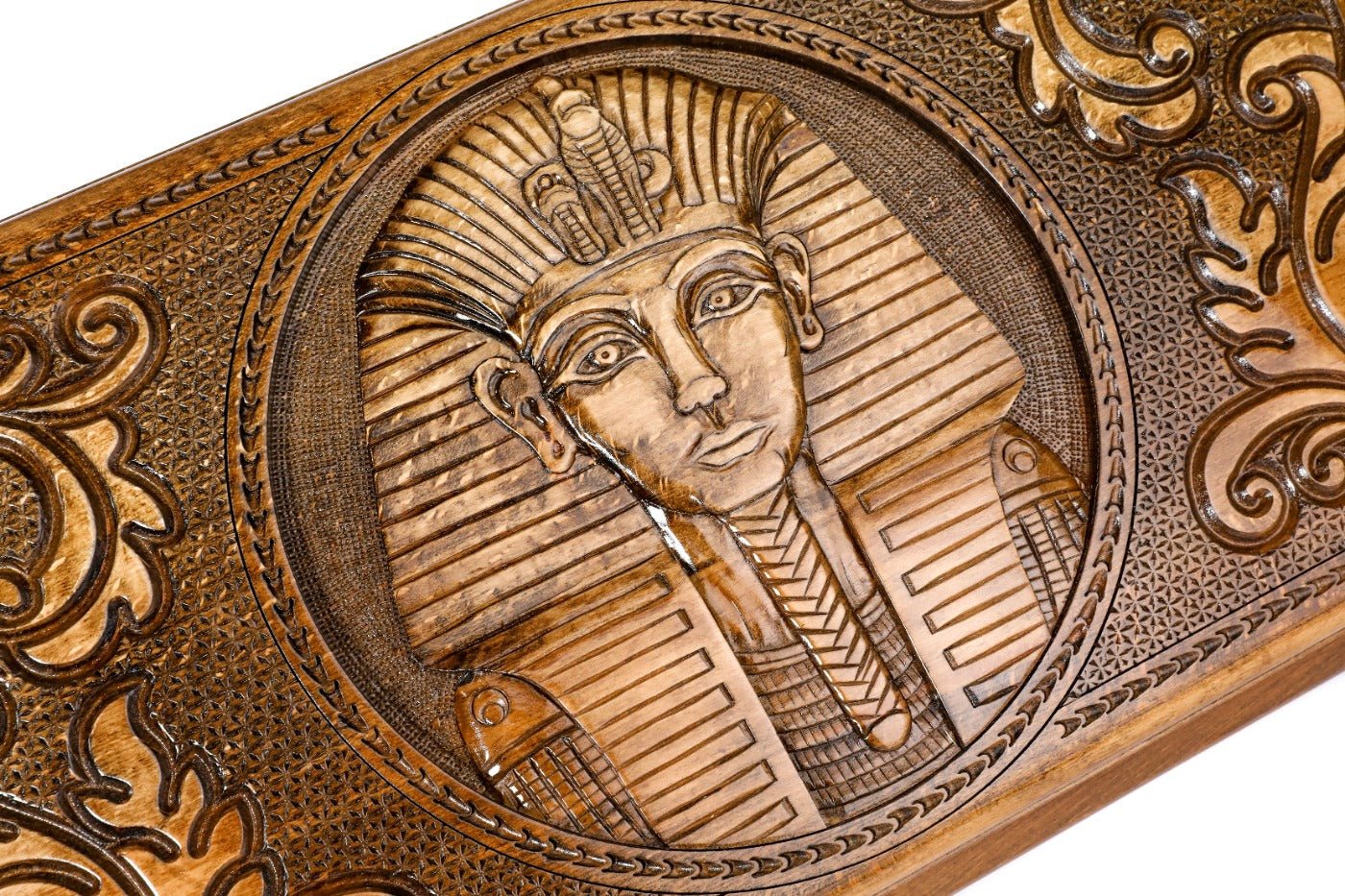Handcrafted backgammon set with ancient Egyptian motif detailing