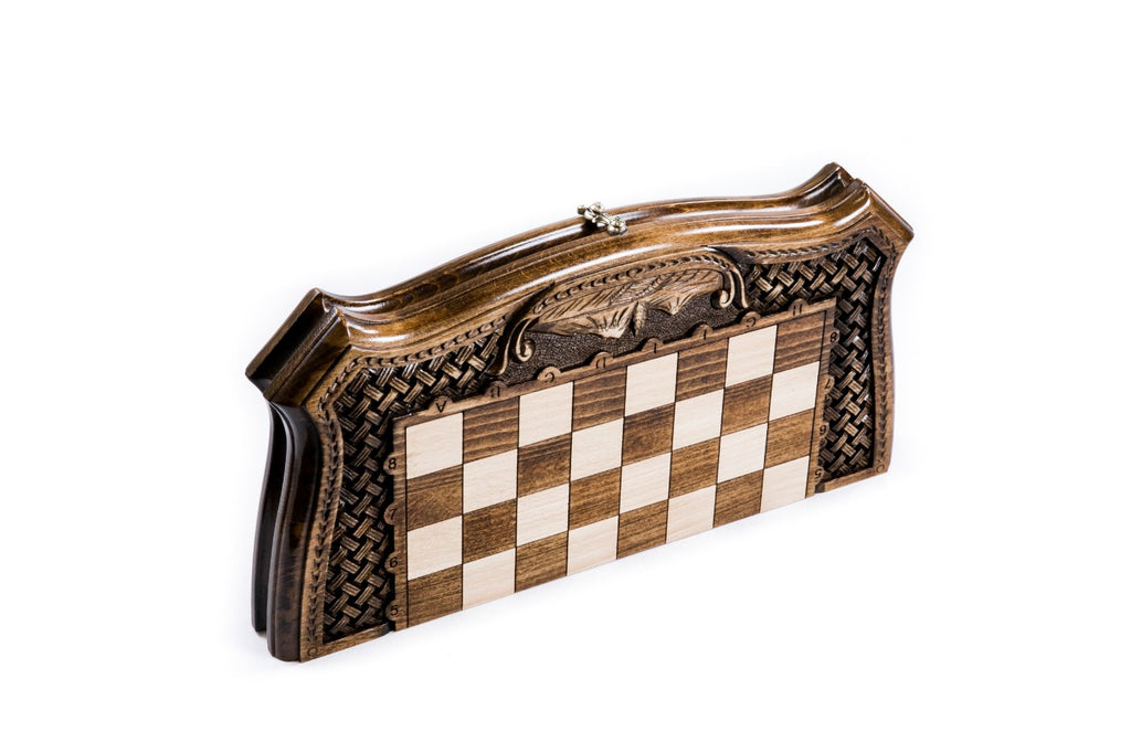 Closed wooden chess and backgammon board with contour outline, braid carving and Ararat relief