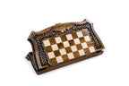 Closed 40 cm contour-outline chess board standing on edge, carved braid frame with Mount Ararat