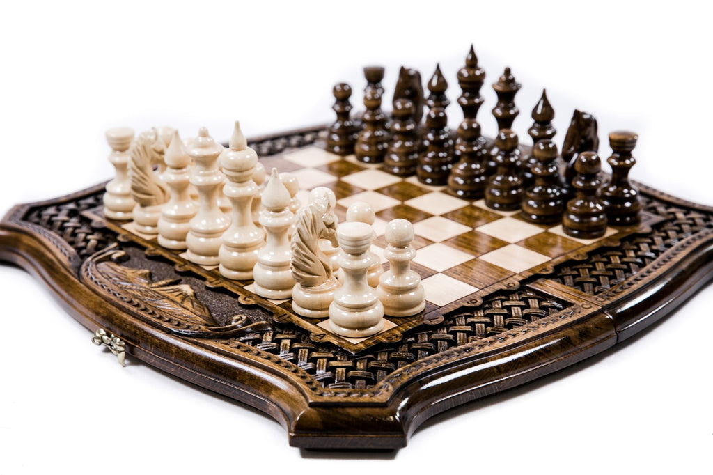 Hand-carved chess board with braid border and Ararat relief on the curved frame, carved pieces in position