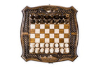 Top-down view of the Ararat braid chess set with all 32 pieces and carved coordinates on the border
