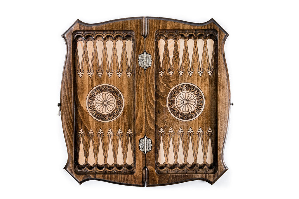 Backgammon field of the Ararat combo set laid flat, carved points and central wheel ornaments