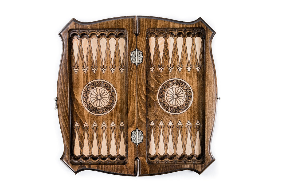 Backgammon field of the Ararat combo set laid flat, carved points and central wheel ornaments