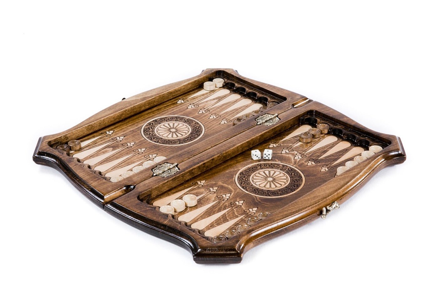 Solid beech wood chess and backgammon set with Moscow skyline engraving and sculpted edges