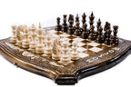Handcrafted wooden chess board with carved Moscow lettering and city skyline — 2-in-1 set