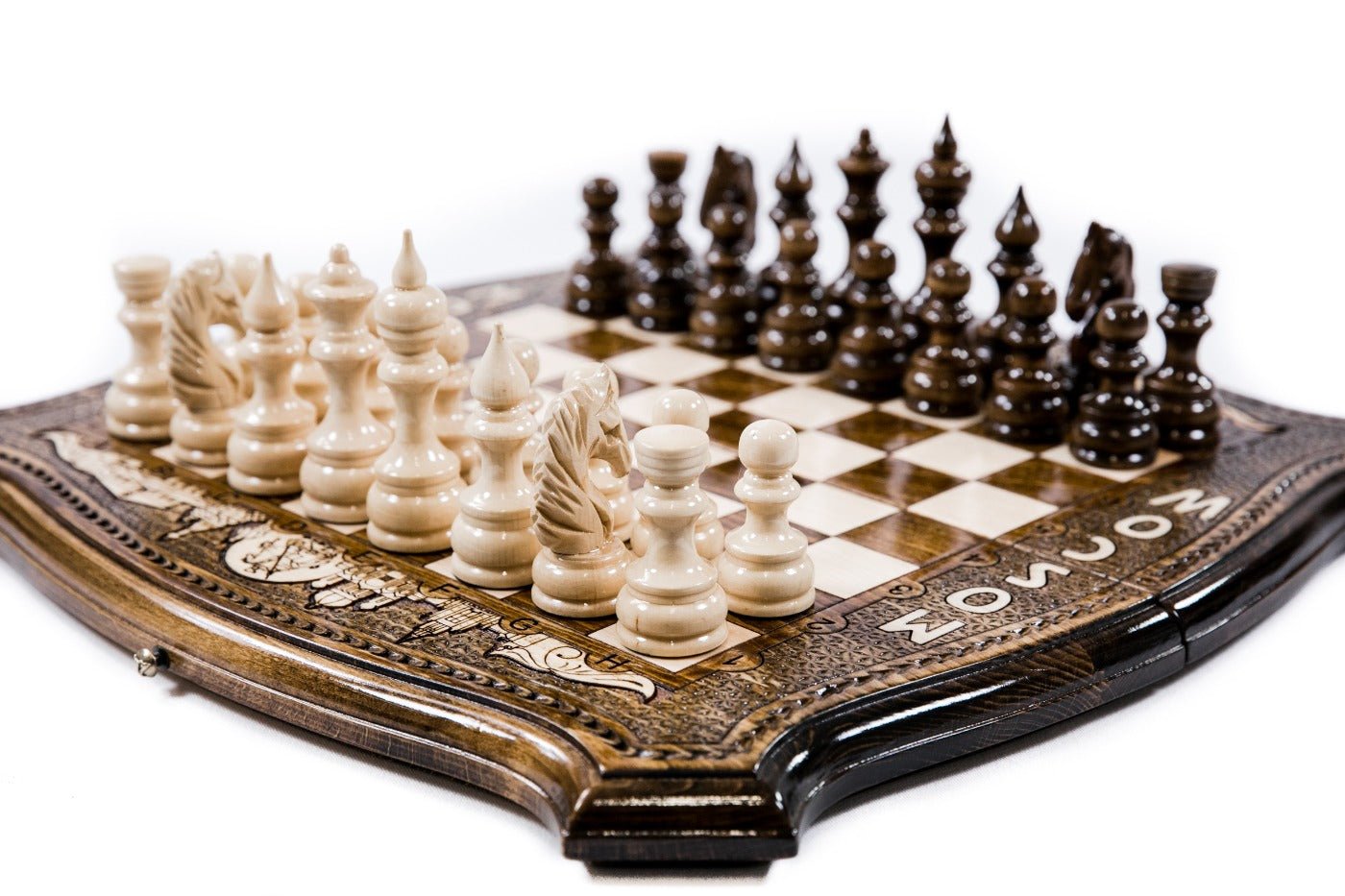 Handcrafted wooden chess board with carved Moscow lettering and city skyline — 2-in-1 set