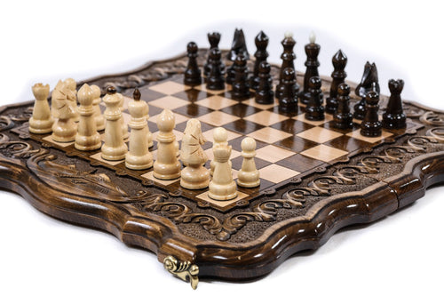 Wooden chess board featuring Mount Ararat inspired carved craftsmanship