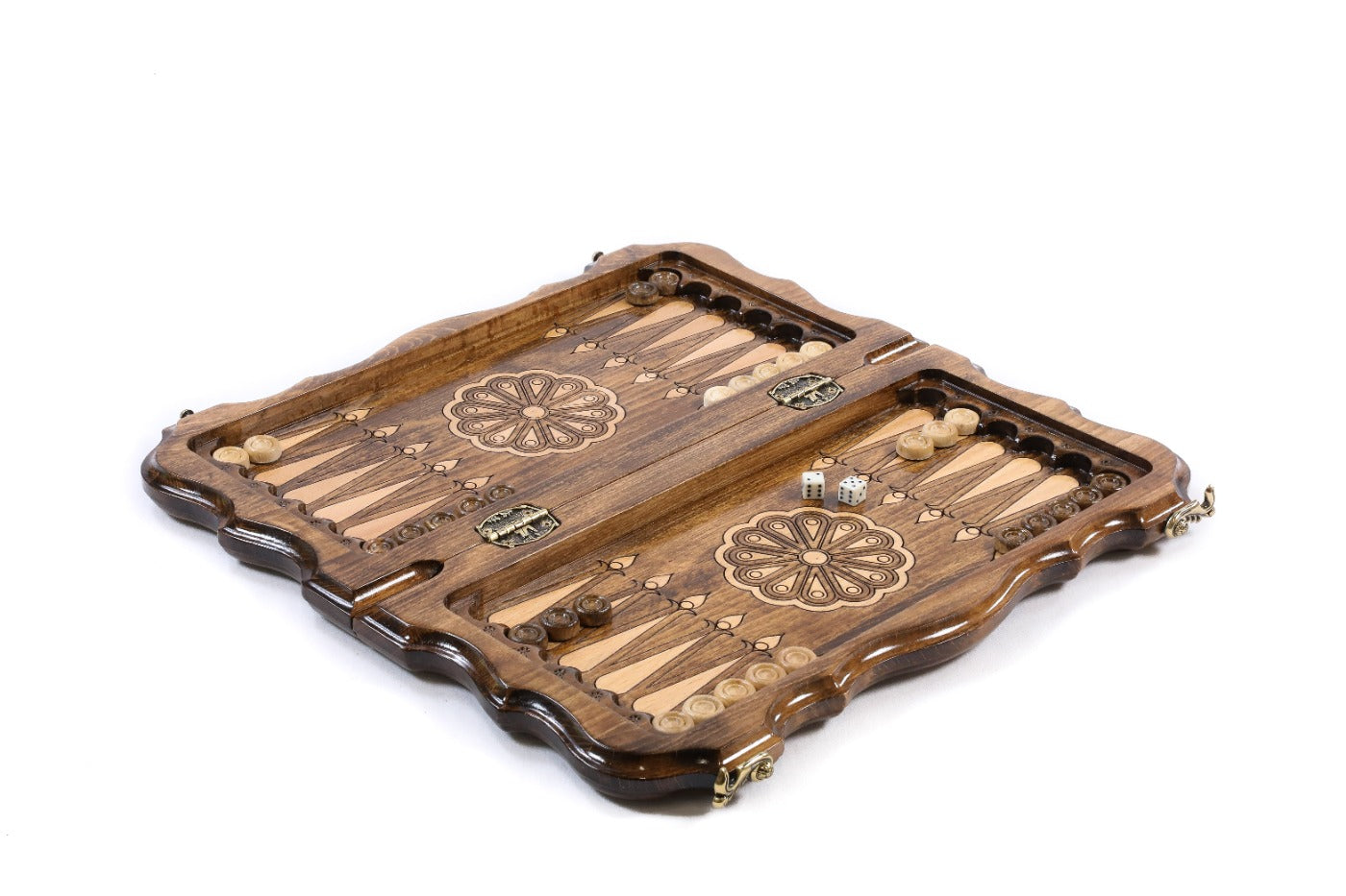 Compact handcrafted chess set with Armenian motif and backgammon board