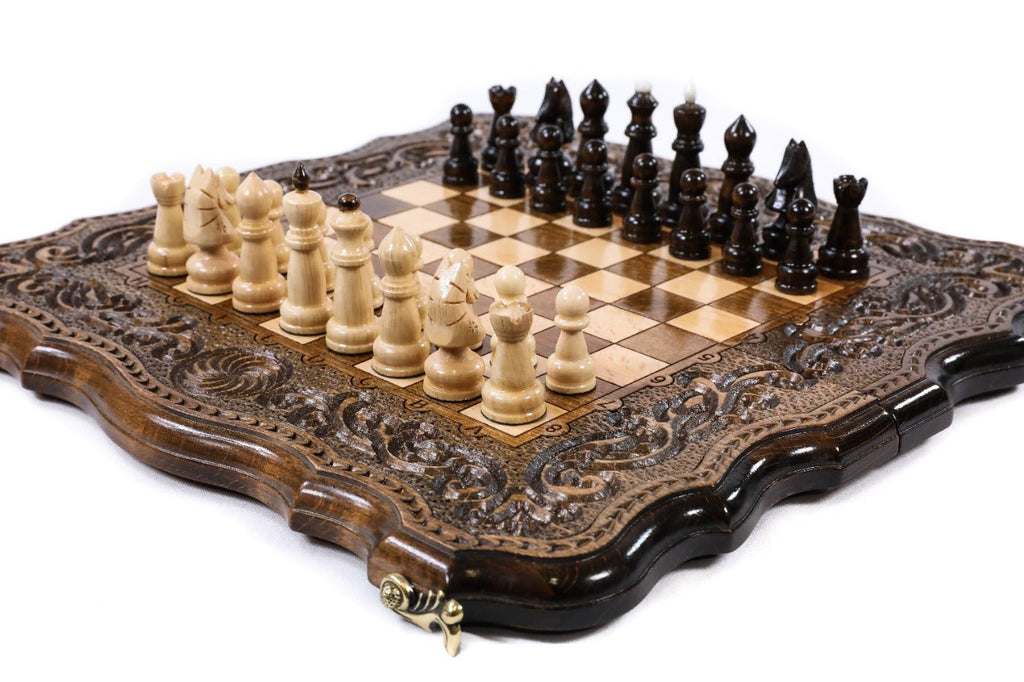 Wooden chess board featuring decorative Eternity carvings and detailed craftsmanship