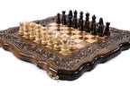 Wooden chess board featuring decorative Eternity carvings and detailed craftsmanship