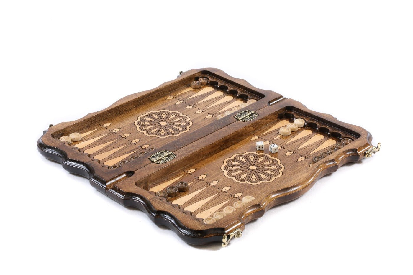 Handcrafted chess set with patterned design and integrated backgammon board