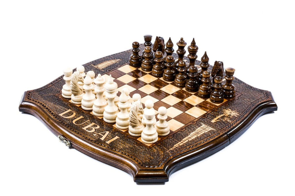 Chess set and backgammon board Dubai design with contour outline carved beech wood