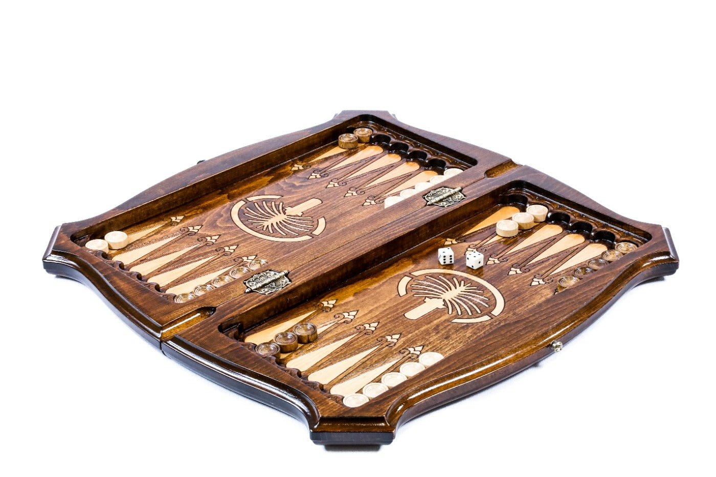 Beech wood chess and backgammon set with geometric contour outline design