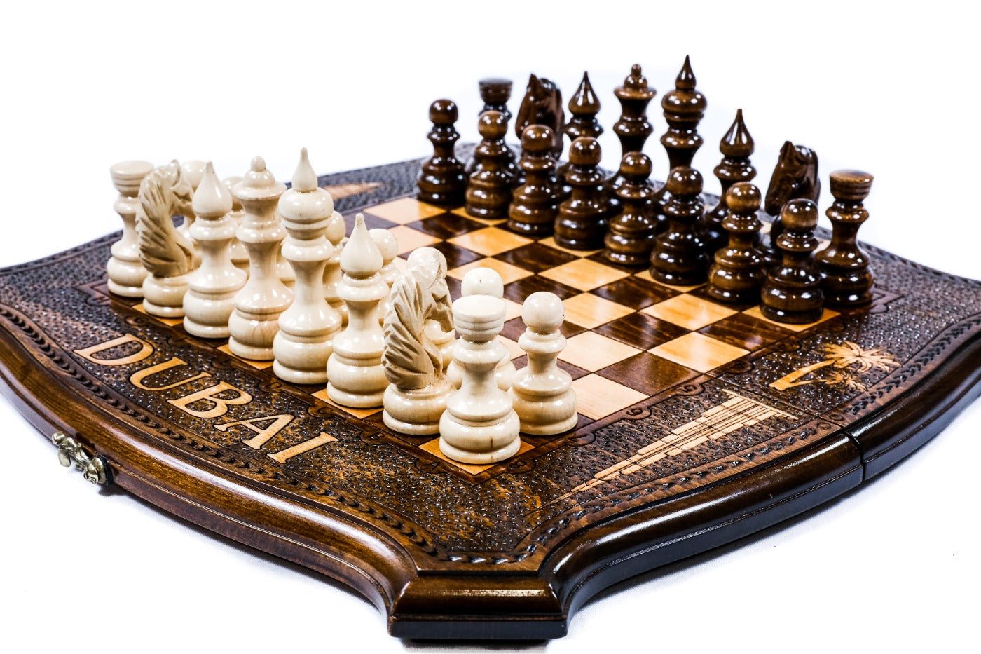 Handcrafted wooden chess board Dubai edition with sculpted border detailing