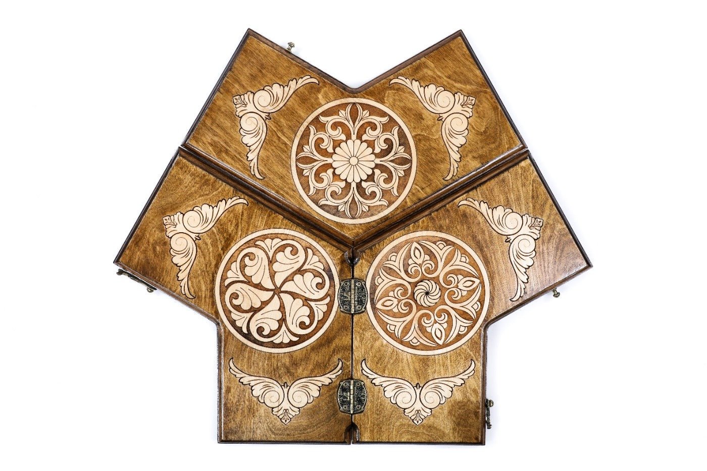 Wooden backgammon board for three players with ornamental design 11.8 inch