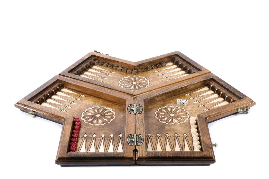 Handcrafted compact three-player backgammon set with carved detailing