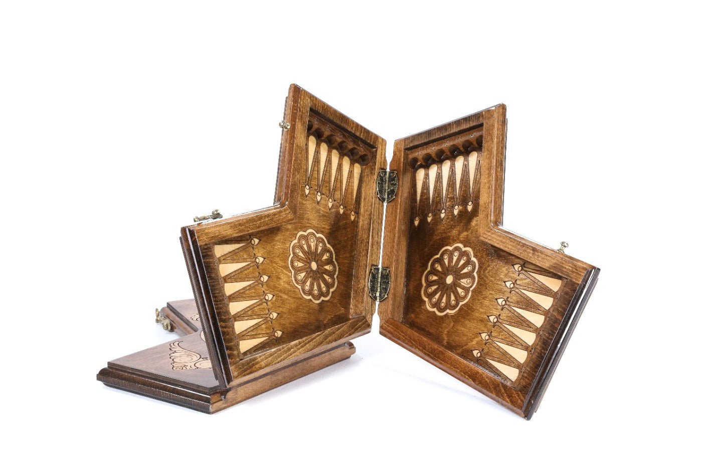 Small wooden backgammon board with decorative ornamental pattern design