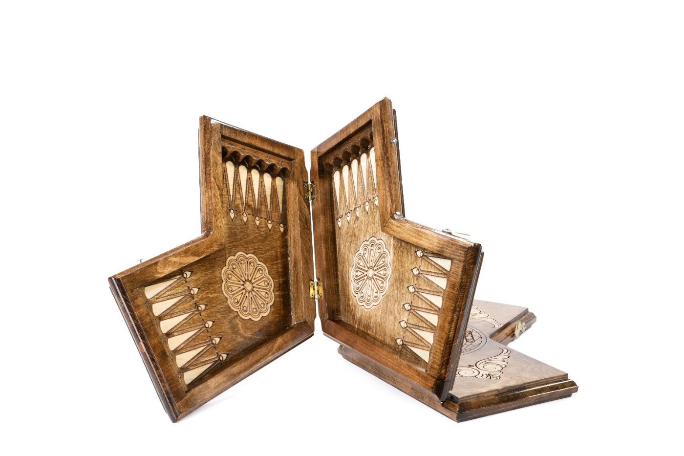 Small wooden three-player backgammon board with cultural detailing