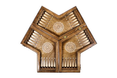Compact three-player backgammon board carved with Armenian churches