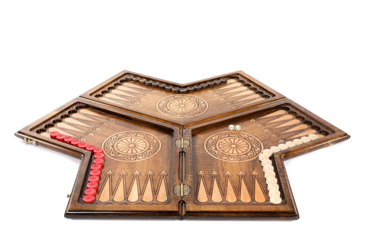 An angled view of the closed three-player board highlighting the complex geometric hand-carvings by Hrachya Ohanyan.