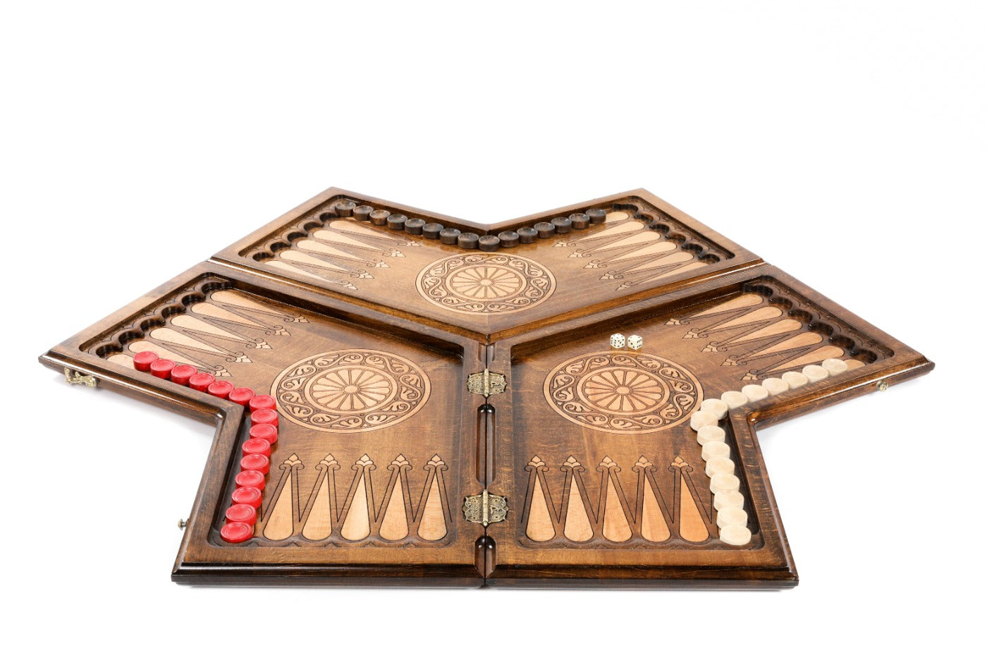 An angled view of the closed three-player board highlighting the complex geometric hand-carvings by Hrachya Ohanyan.