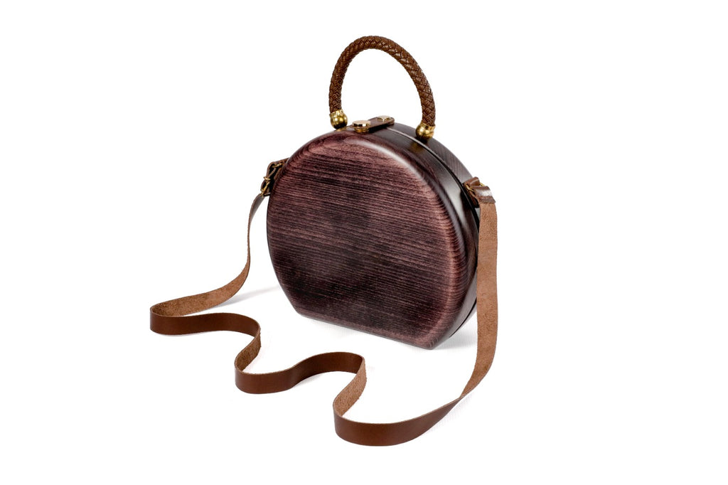 Handmade round wooden handbag in dark plum with braided handle, 9.1" / 23 cm, by Hrachya Ohanyan