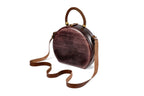 Handmade round wooden handbag in dark plum with braided handle, 9.1" / 23 cm, by Hrachya Ohanyan