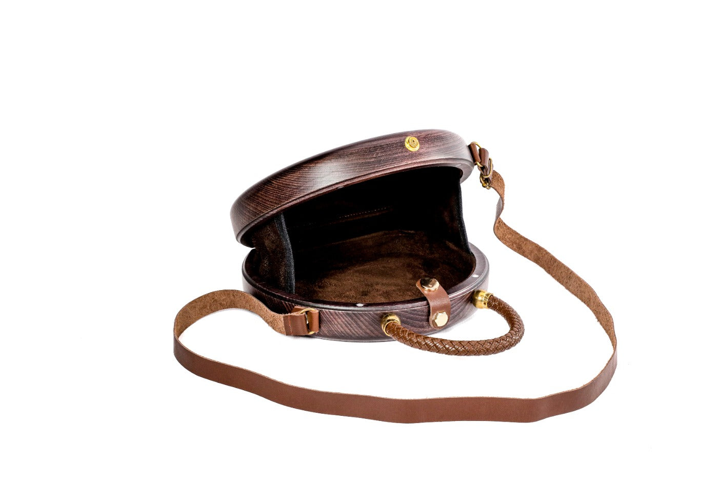 Round wooden bag in dark plum — angle view