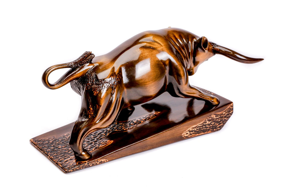 Handmade wooden bull sculpture — carving detail
