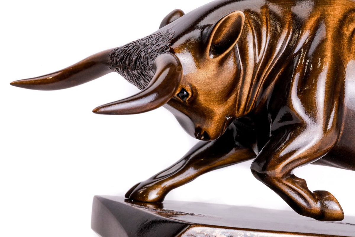 Luxury wooden bull sculpture hand carved, 9.8" / 25 cm — full view