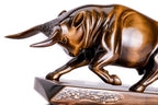 Luxury bull sculpture in carved wood — side view