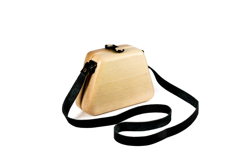 Handmade trapezoid wooden handbag in natural wood with leather strap, 7.1" / 18 cm, by Hrachya Ohanyan
