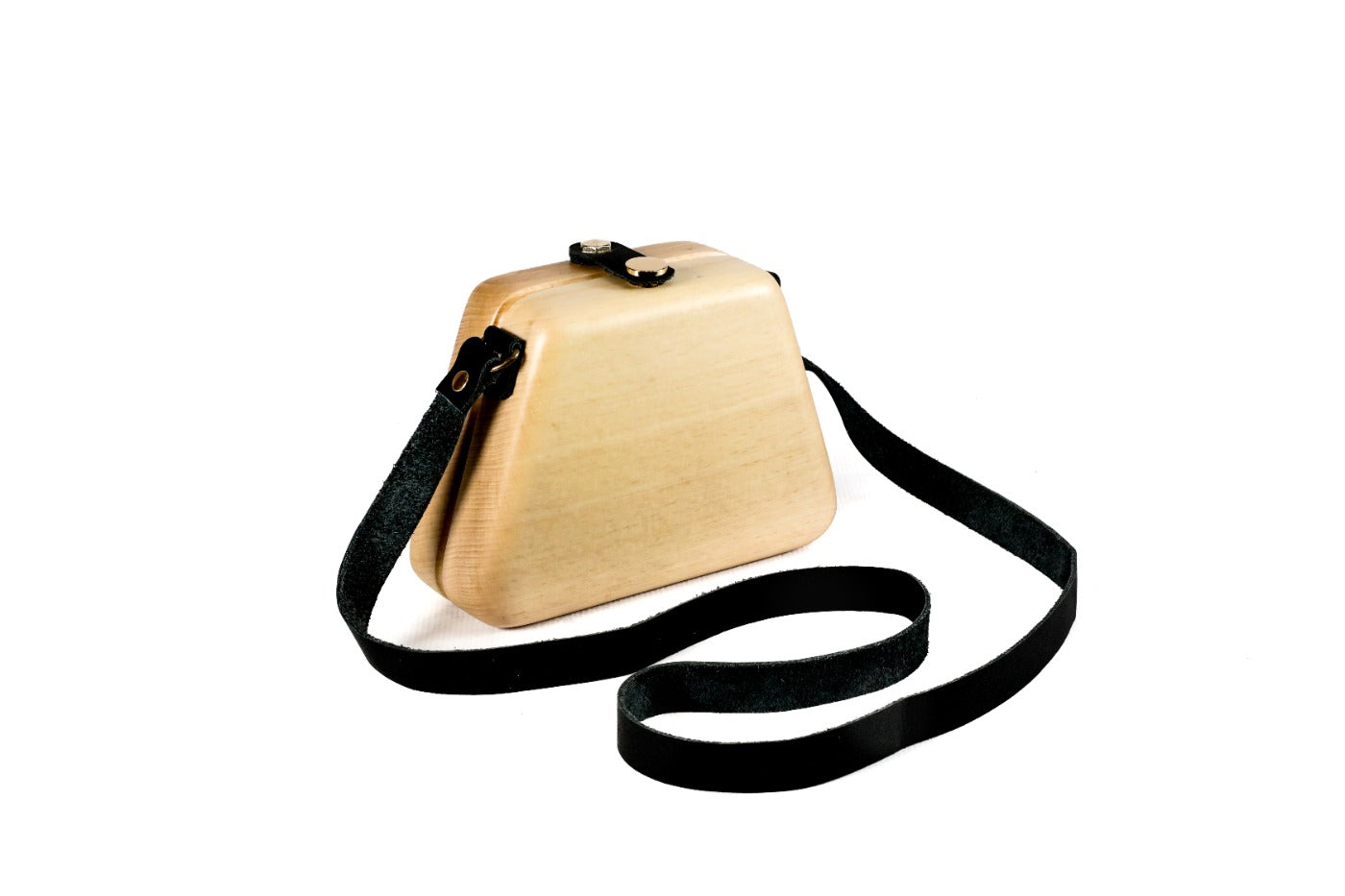 Handmade trapezoid wooden handbag in natural wood with leather strap, 7.1" / 18 cm, by Hrachya Ohanyan