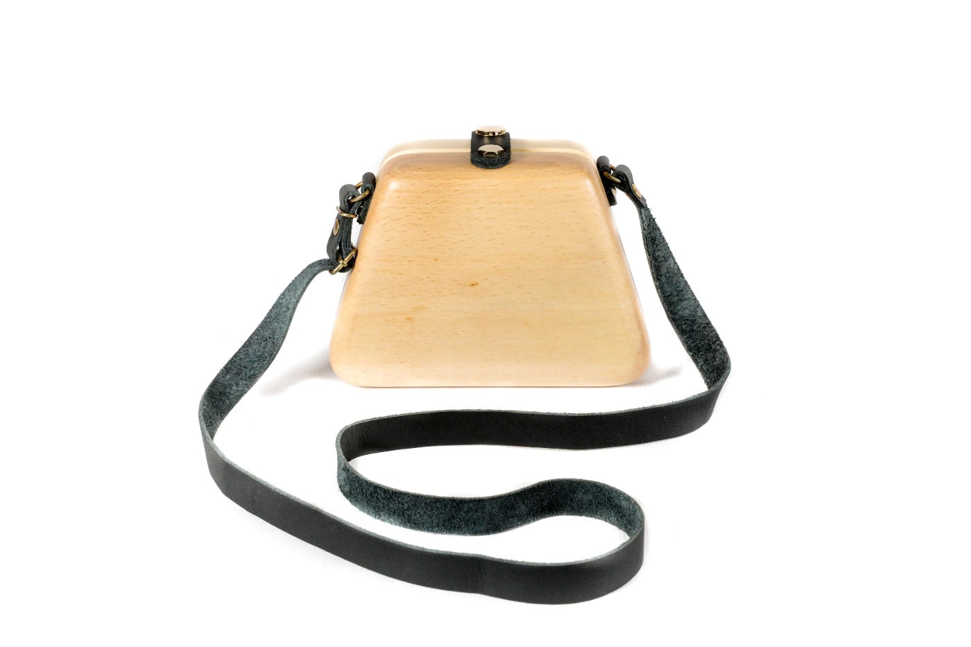 Trapezoid wooden handbag in natural wood, 7.1" / 18 cm — full view