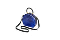 Handmade round wooden handbag in royal blue with braided handle, 8.7" / 22 cm, by Hrachya Ohanyan